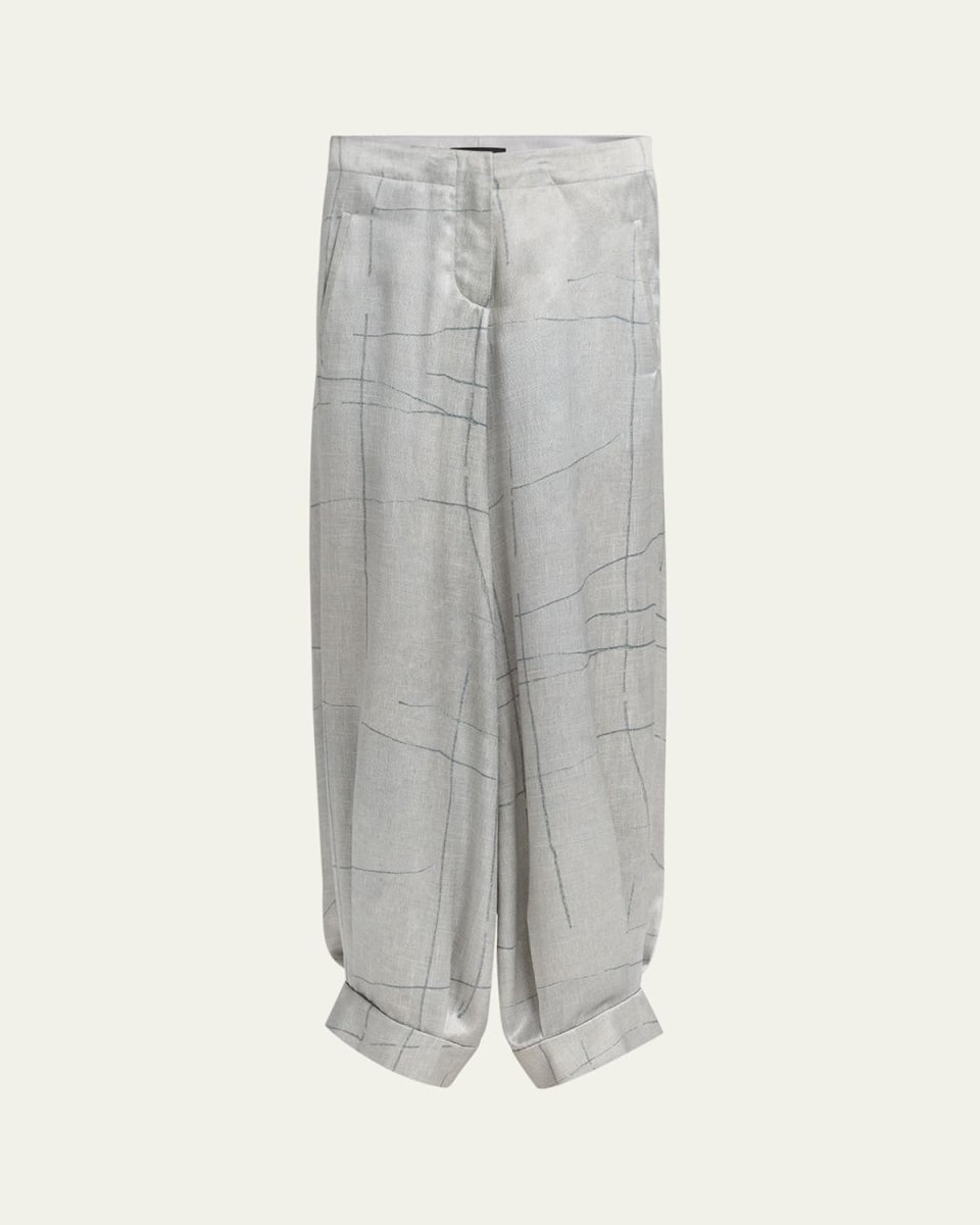 Check Cuffed Wide Leg Silk Trousers